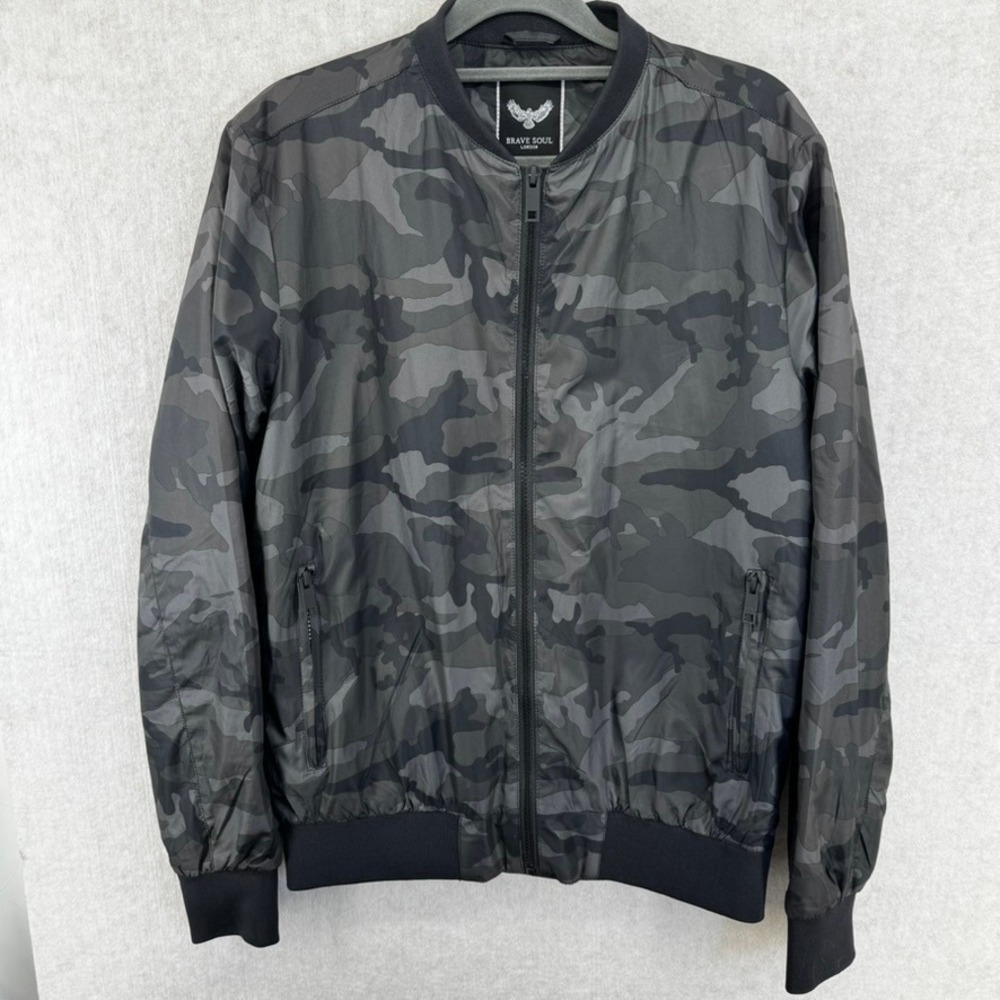 Mens Small Grey Camo Bomber Jacket Full Zip Streetwear Brave Soul London